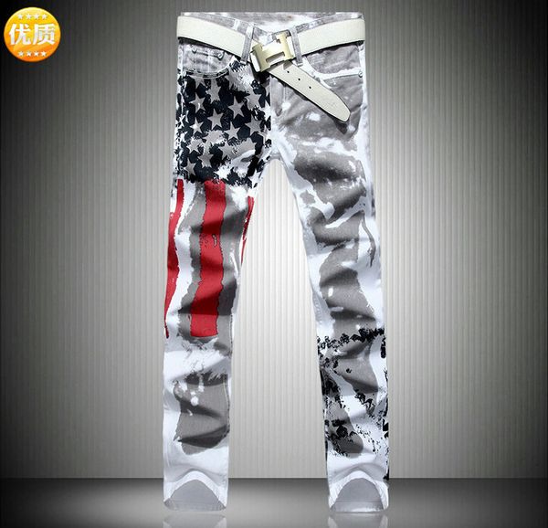 

fashion jeans american flag print high stretch slim casual five pointed star red stripe large pants, Blue
