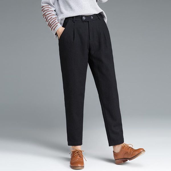 

autumn and winter wool harem pants women high waist black plus size cropped trousers thick gray woolen women's & capris, Black;white