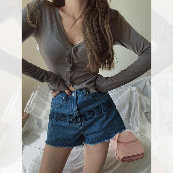 

women's jeans heavy industry ~ 120000 needle embroidery letter cotton water wash denim shorts a-shaped wide leg slim pants, Blue