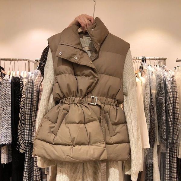 

korea dongdamen 2021 new solid color waistcoat fashion temperament waist closing stand collar down vest women's coat, Black