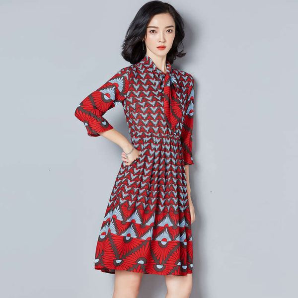 

women's casual dresses style printed trumpet sleeve scarf neck mid long skirt pleated fashion dress for women, Black;gray