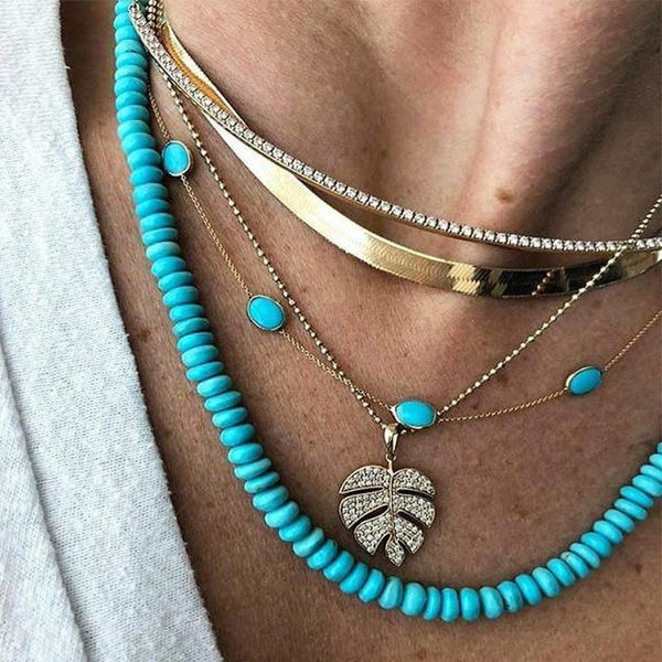 

pendant necklaces retro women set blue beads leaf crystal clavicle chain multilayer gold necklace fashion beach party female jewelry, Silver