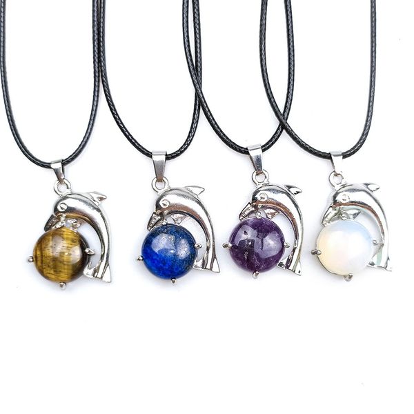 

natural stone pendant crystal necklace dolphin shape round amethyst blur quartz chakra healing jewelry for women 22*30mm, Silver