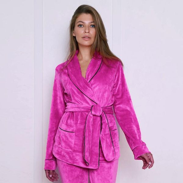

women's sleepwear hiloc velour robe turn down collar trouser suits women pajama pocket nightwear velvet pijama lace up bathrobes pajama, Black;red