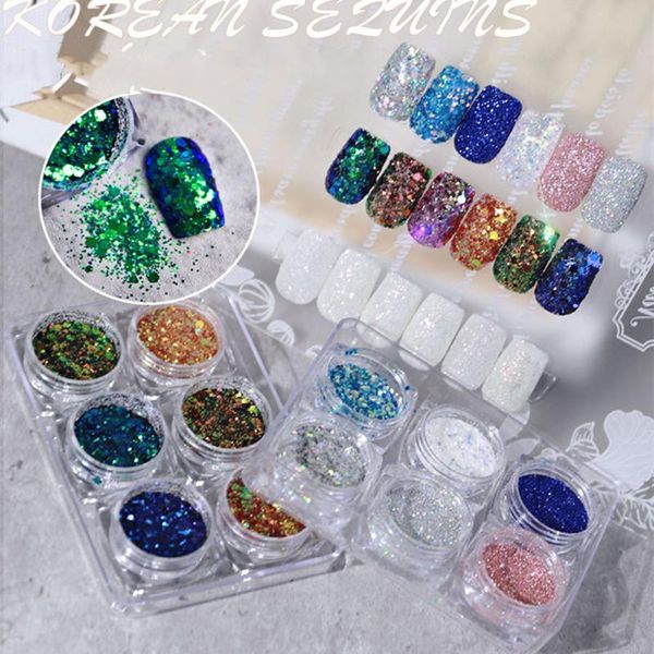 

nail glitter 6pcs/set shiny mixed art sparkly paillette chrome dust holographic powder tips uv gel 3d decoration, Silver;gold