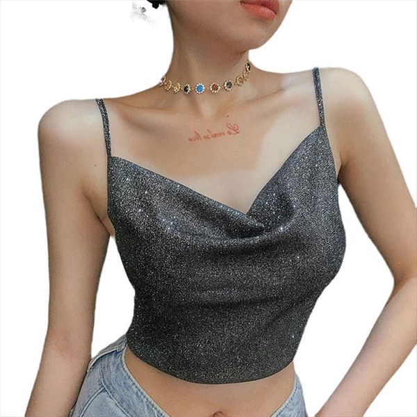 

fashion trend backless women cami slim fit sling bottoming crop glitter vest loose party solid tank sun top, White