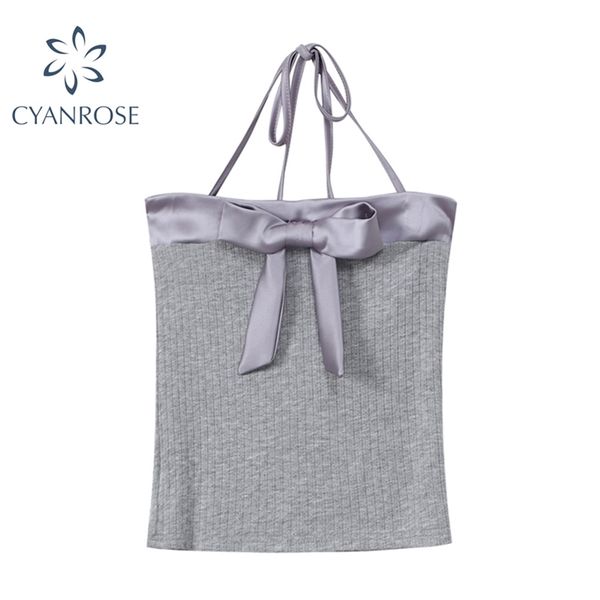 

gray chest wrapping bodycon women's camisole bow spliced summer y2k slim halter lace-up camis e-girl skinny 210430, White