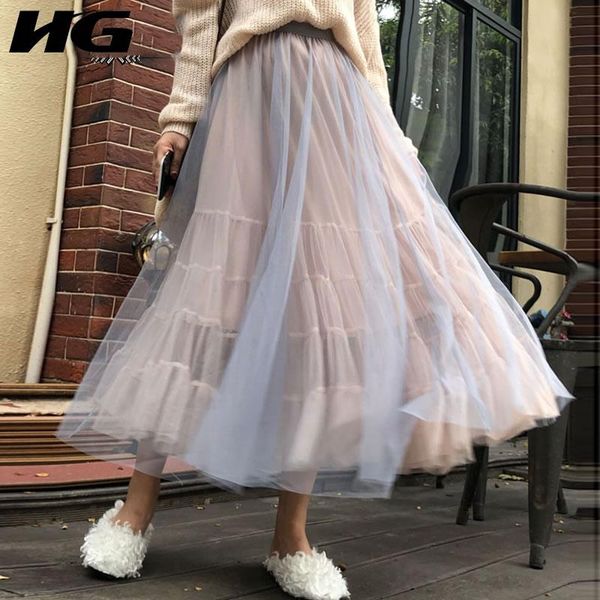 

skirts [hg] 2021 spring summer korea fashion casual elastic waisted mid-calf false two pieces mesh ball gown skirt lyh2643, Black