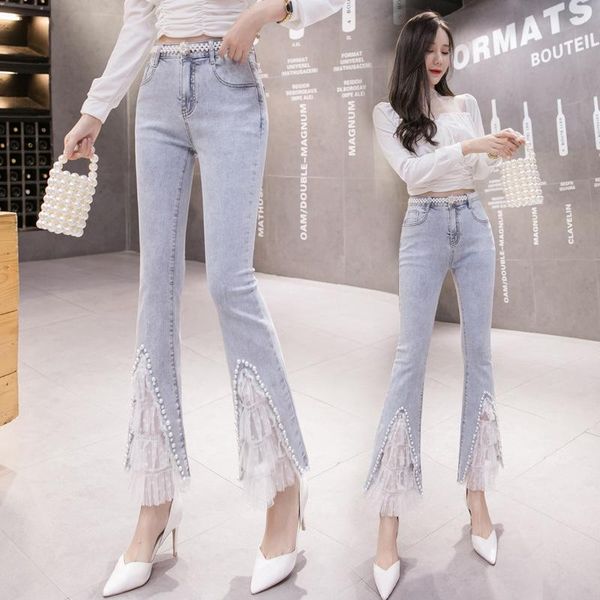 

women's jeans fashion high waist women cropped spring summer irregular beaded lace flared denim pants ladies 693, Blue
