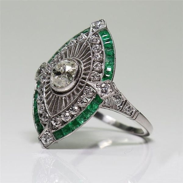 

wedding rings vintage women alloy flowers green crystal jewelry bands engagement lady birthday gift for girl, Slivery;golden