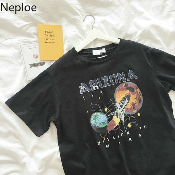 

neploe vintage print t shirts women solid o neck short sleeve ladies tees summer loose casual cotton female 1c691 210423, White