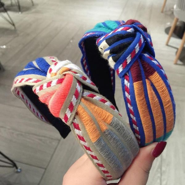 

korean women color block striped headband vintage chunky twist knot center hair hoop autumn knitted stretch wide turban headwrap1
