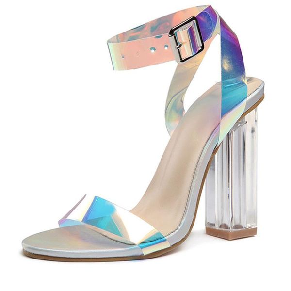 

women transparent ankle strap summer sandals crystal high square heels ladies fashion open toe shoes buckle plus size, Black