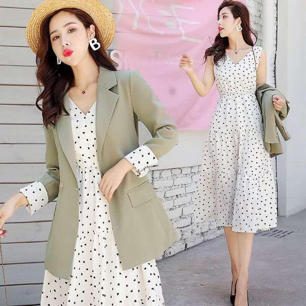 

women's polos 2021 summer woman elegant office work fashion slim fit blazer coat + knee-length polka dot strap dress 2 piece sets suit, White