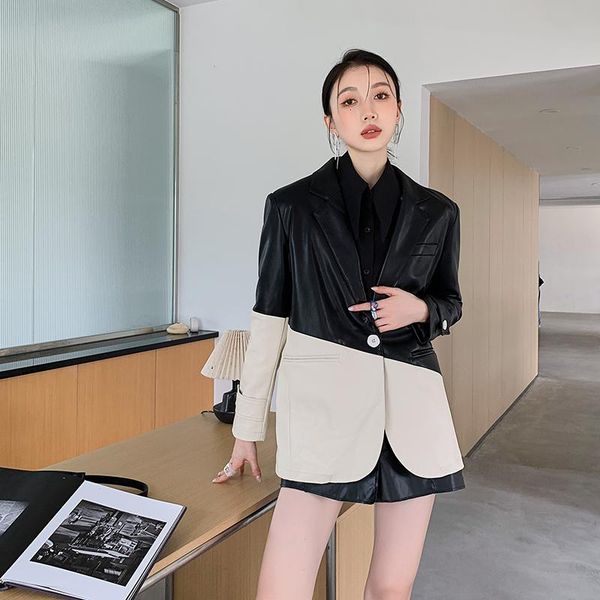 

women's suits & blazers women clothes spring autumn motorcycle pu leather blazer jacket female elegant chic loose black splice white su, White;black