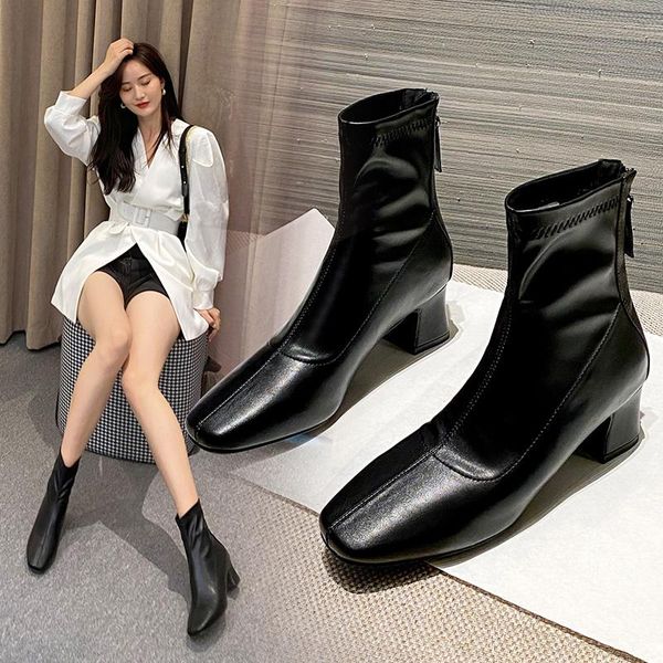 

boots 2021 fashion ankle chunky high heels women autumn booties square toe pump, Black