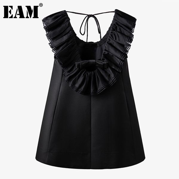 

[eam] women black ruffles spliced backless dress round neck sleeveless loose fit fashion spring summer 1dd7698 21512, Black;gray