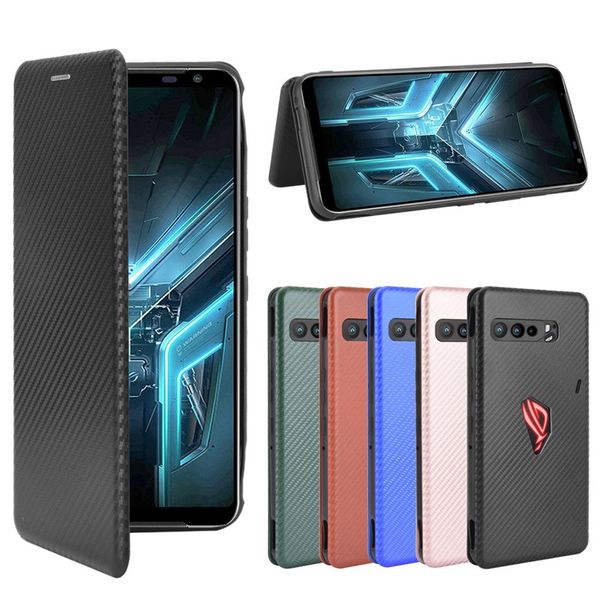 ASUS ROG Telefonu için Karbon Fiber Kılıfları 3 5 Pro Strix ZS661KS Durumda Manyetik Kitap Standı Kart Cüzdan Deri Koruyucu Kapak