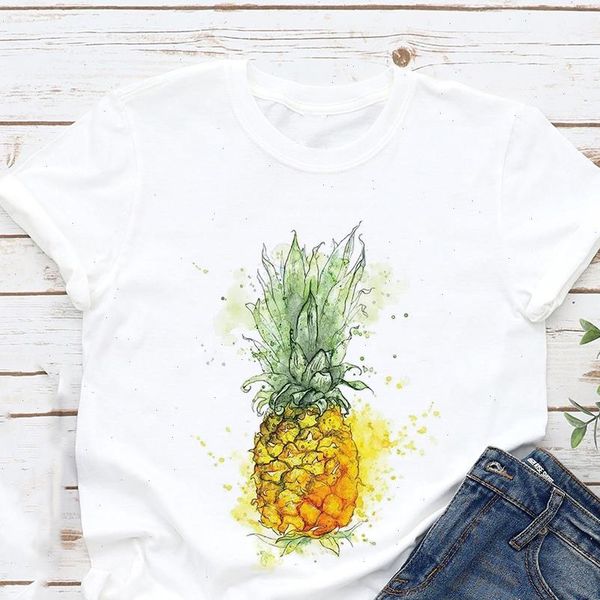 

women graphic t shirts summer pineapple watercolor fruit cute cartoon lady harajuku ullzang fuuny kawaii tee, White