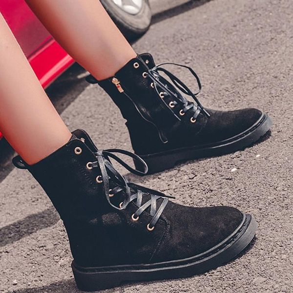 

boots women zipper motorcycle autumn winter mid-calf lace up cool causal flat with solid color ankle punk, Black