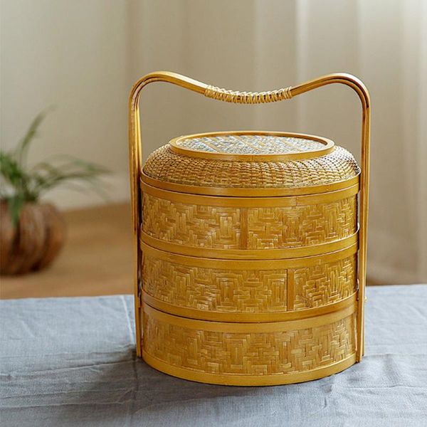 

storage baskets 3 levels portable retro bamboo weave handheld basket for food cake dessert handmade tea set tray home el teahouse