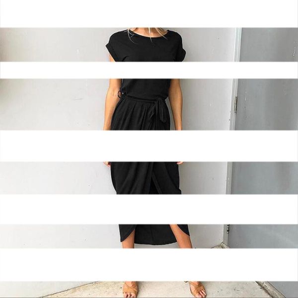 

casual dresses summer beach maxi dress women floral solid short sleeve shirt bandage, Black;gray
