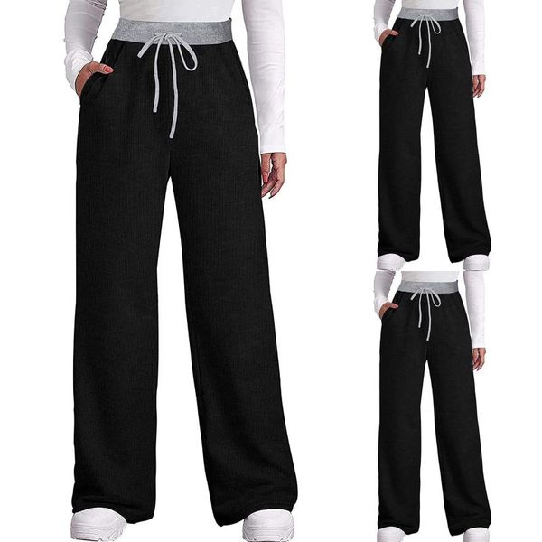 

women's pants & capris fashion solid colors pockets loose wide leg sweatpants elastic high waist drawstring trousers pantalones mujer#g, Black;white
