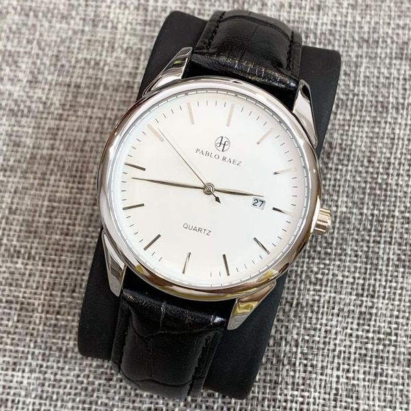 

wristwatches pablo raez stainless steel analog display date men's quartz clock casual male leather wristwatch relogio masculino, Slivery;brown