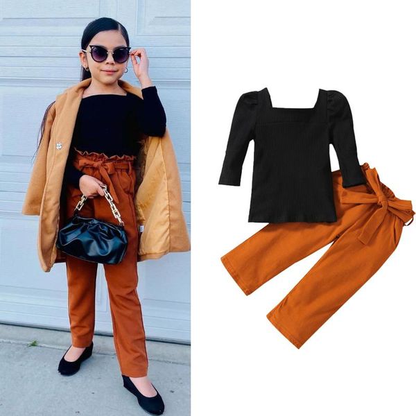 

clothing sets 1-6years kids girl 2 pieces clothes suit long sleeve solid color square-collar knitted pullover lacing pants with bow, White