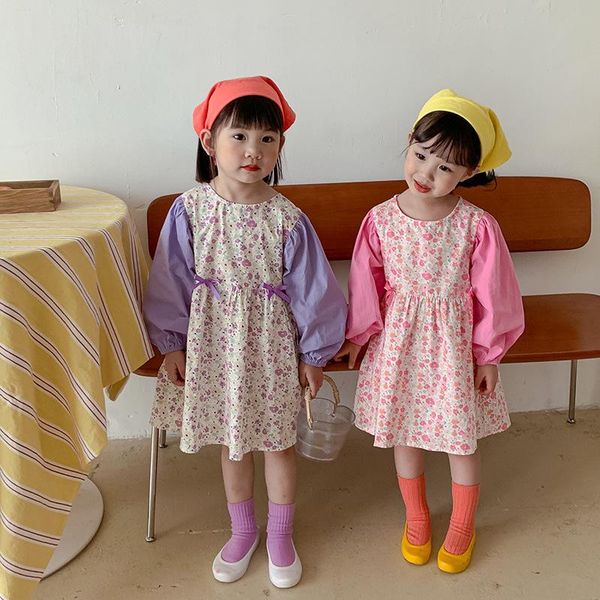 

girl's dresses autumn korean children's wear girls' color matching floral dress bow long sleeve princess, Red;yellow