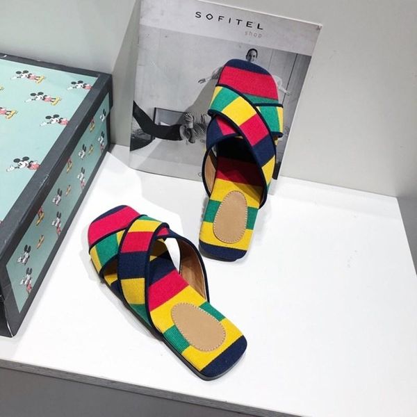 

mixed colour flat slippers women summer fashion square toe genuine leather ladies sandals luxury designer womans shoes, Black