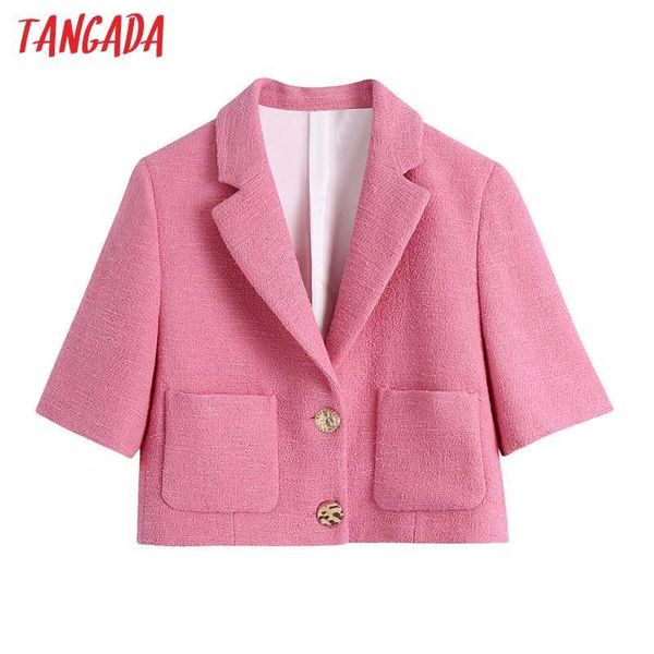 

tangada women pink tweed blazers coat vintage notched collar short sleeve fashion female outerwear chic be519 210609, White;black