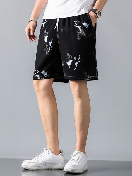 

men animal print drawstring waist shorts n2r0#, Black