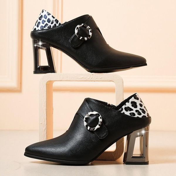 

boots ladies drop women's ankle women shoes leopard buckle slip on square high heels female pu leather winter, Black