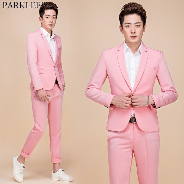 

men's 2 pieces pink suits (jacket+pants) brand slim fit one button wedding groom tuxedo suits with pants terno masculino 210522, White;black