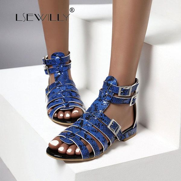 

lsewilly 2021 summer hollow t tied gladiator sandals women rome buckle strap low heel snake print comfort daily beach shoes, Black