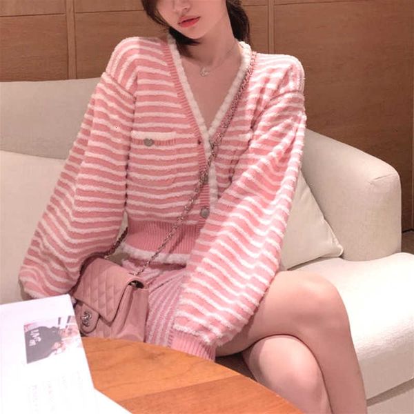 

two piece dress dress knit 2 women striped elegant office sweater suits female cardigan coat+mini skirt and set korean style o 1cdo, White