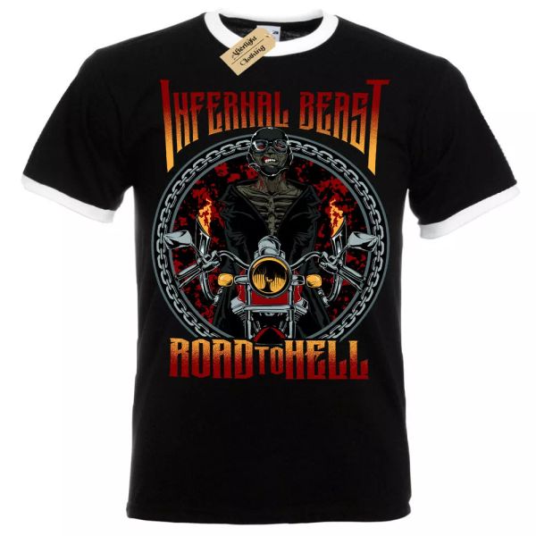 

infernal beast t-shirt biker road to hell t-shirt mens ringer, White;black