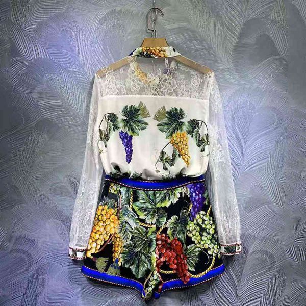 

pants seqinyy sicilia set 2021 summer fashion design feminine lace shirt + vintage loose shorts printed grapes, White