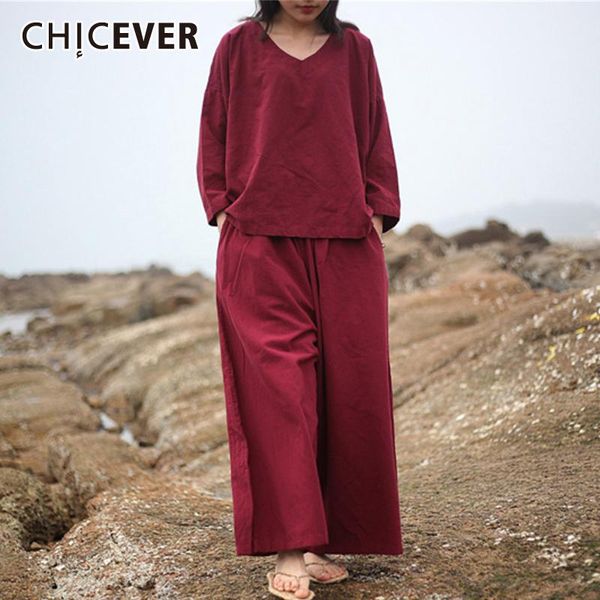 

two piece dress chicever set women v neck long sleeve shirt high waist wide leg pants oversize loose female suits 2021 fashion clothes, White