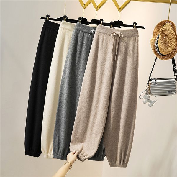 Streetwear outono grossa malha calça mulheres calças inverno cintura alta cordão solto elástico harlan calças de lã 210420