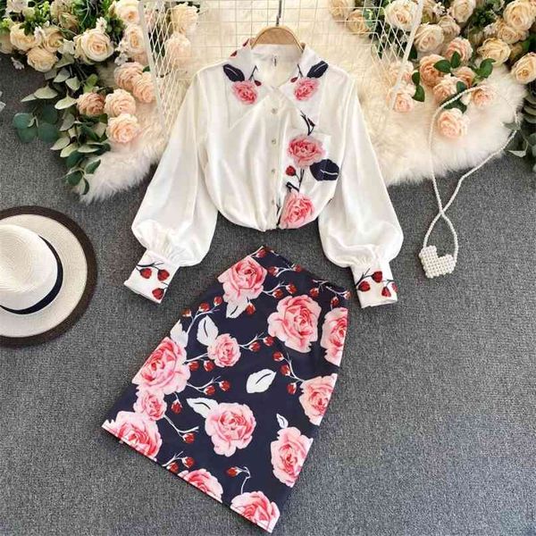 

women fashion elegant print long sleeve shirts + high waist skirts two piece sets q138 210527, White