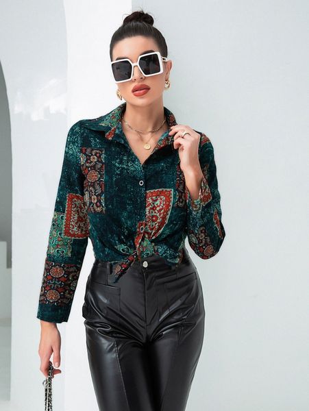 

scarf print curved hem button front blouse k9ow#, White