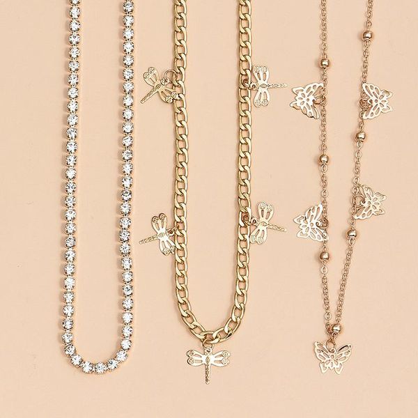 

3pcs/set butterfly dragonfly chain choker crystal necklace summer party beach accessories jewelry women girls gift pendant necklaces, Silver