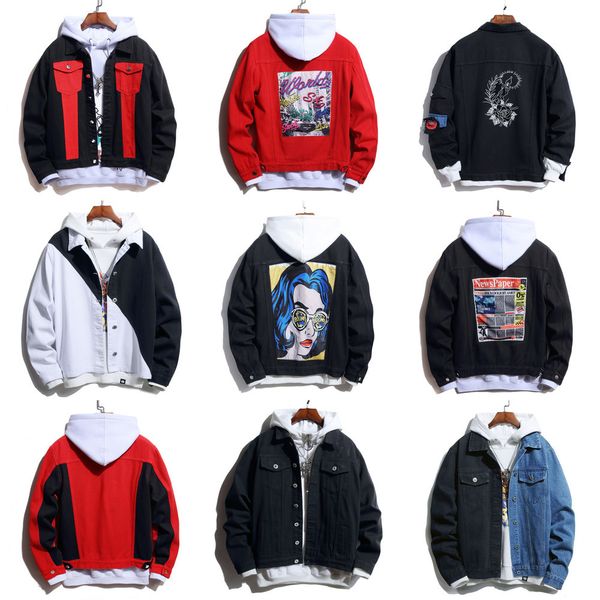 

original designer motorcycle denim jacket two-color stitching sunglasses beautiful picture printing casual men and women youth wind coat, Black;brown