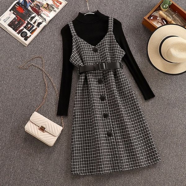 

two piece dress autumn winter woman long sleeves knitted t-shirt + tweed blend plaid 2 pcs sets female outfits belt xydp, White