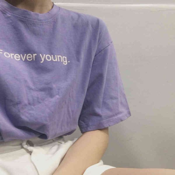 

women's t-shirt summer korean style friends t-shirts purple white aesthetic tshirt forever young letter printed tees 9ev0