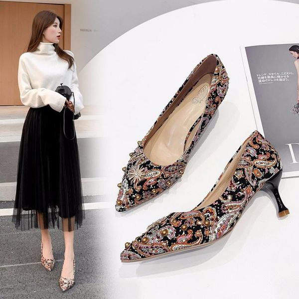 

dress shoes 6cm 2021 women colorful printed woman pumps stilettos high heels leisure party work pointed toe, Black