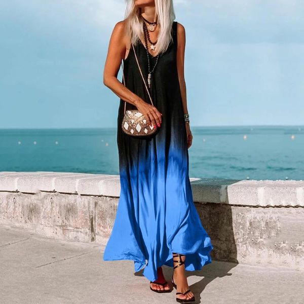 

casual dresses sundresses beach 2021 women's summer backless fashion women sleeveless gradient printing v-neck long sling dress, Black;gray