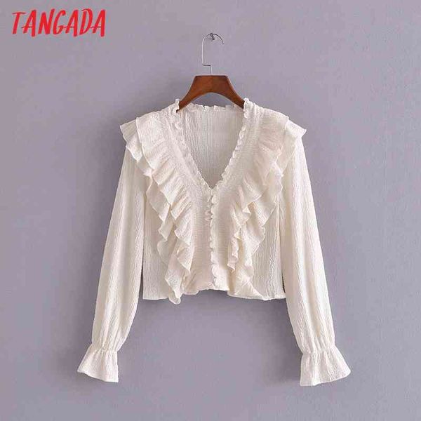 

women retro white ruffles crop v neck long sleeve chic female shirt 3h285 210416